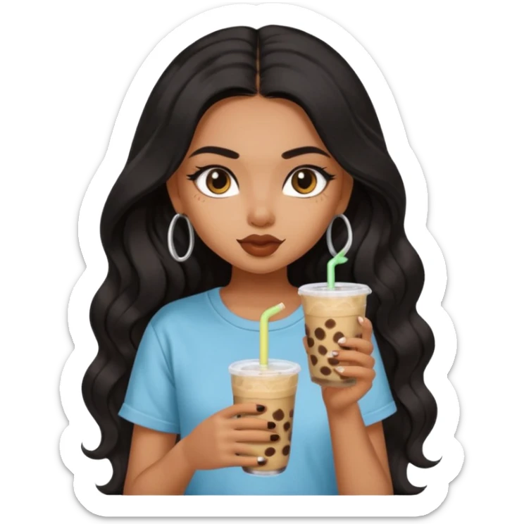 a pretty FAIR indian bratz girl with wavy long black hair, wearing an oversized brown tshirt, drinking boba, eyeliner on sticker