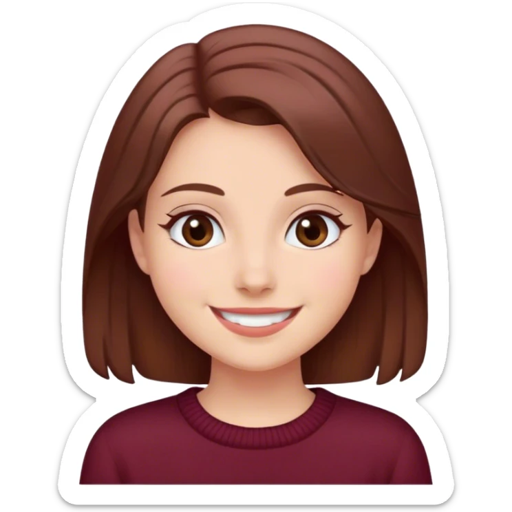 A girl with brown hair smiles, gray eyes, wearing a burgundy sweater sticker