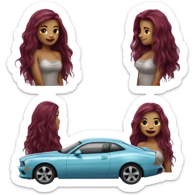 Beautiful tattooed burgundy long haired woman washing a car sticker