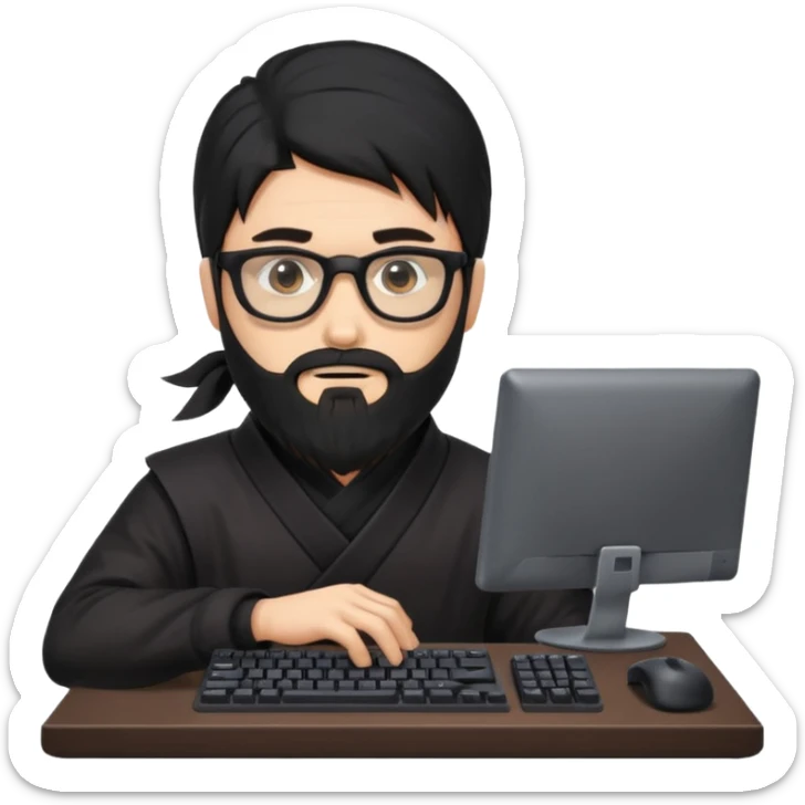 Man with black hair and beard wearing glasses in a ninja costume. Keep the top left version, make the beard longer and add a computer keyboard  sticker