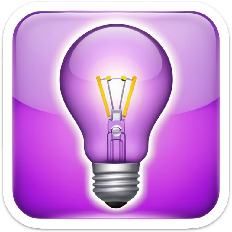Create a glowing light bulb icon in shades of purple. Convey ideas and innovation. Keep it simple and clear. sticker
