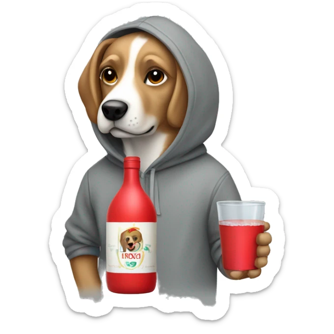 Dog wearing a grey hoodie holding a tequila bottle and a red cup on the other hand  sticker