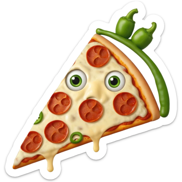 Make a photo of a pizza with pepperonis from eyes and mushroom from the nose and green bell pepper from the mouth and mustache sticker