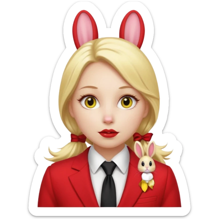 Woman with porcelain white skin, thick blonde hair that's in a thick, long ponytail, has the nose of a bunny, yellow scleras, red pupils, and a red suit with a black tie. sticker