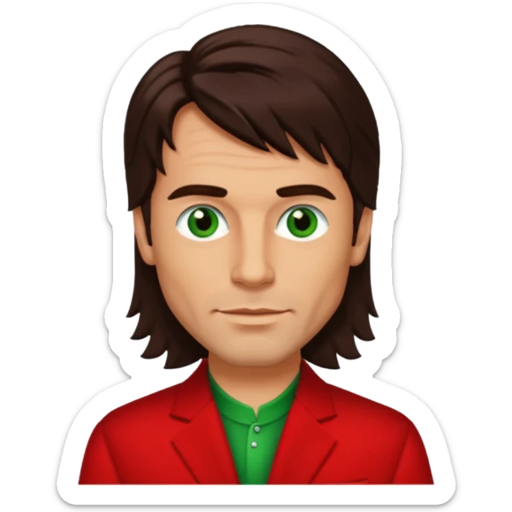 Robert Pilatus, German Singer (1964-1998) with tan skin, long dark brown hair, green eyes, red outfit sticker