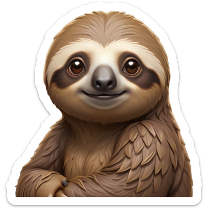 Cinematic Noble Sloth Portrait Emoji, Poised and serene, with a leisurely, gentle build and calm, wise eyes adorned with soft, textured fur, Simplified yet sharp and sophisticated features, highly detailed, glowing with a soft, tranquil glow, high shine, intelligent and unhurried, stylized with an air of relaxed authority, focused and composed, soft glowing outline, capturing the essence of a watchful and confident guardian that appears ready to slowly emerge from the screen with effortless grace! sticker