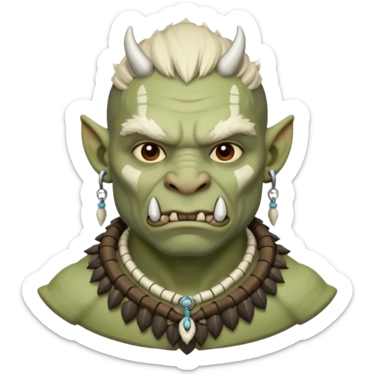 Fantasy orc portrait emoji, small bone charm with frost tied near neck or ear, tribal winter aesthetic, minimal readable design, flat emoji style, male/female variant
 sticker