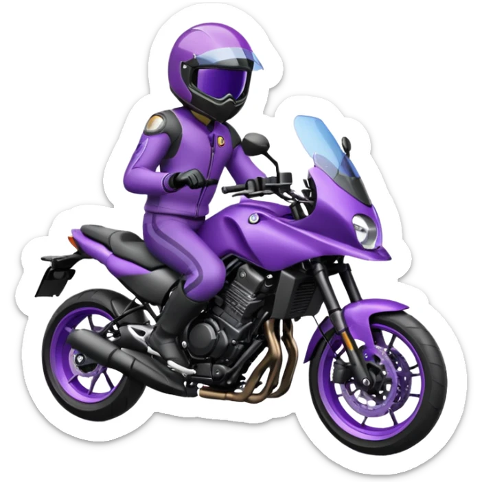 Créer un emoji copiable sur mon système iOS avec une moto mt07 noir mate / violet plus foncé que tu as et iridescent. le style de la mt07 doit être en sport. Avec pilote dessus visière violet bulle de la moto violet aussi. sticker