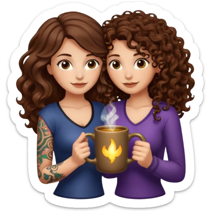 warm potion break — long wavy brown hair tattooed woman and short tight curly brown hair woman — hugging glowing mug sticker