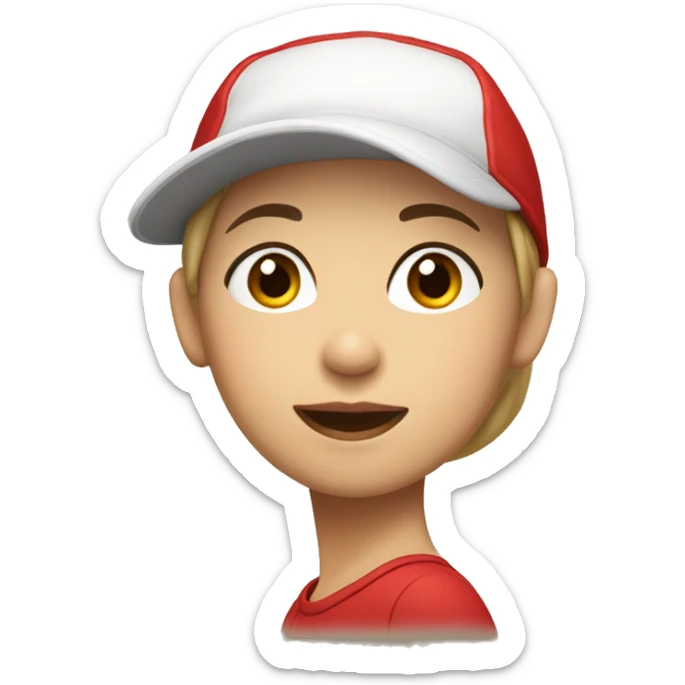 Girl with short hair, fair skinned with cheekbones, wearing red shirt and cap sticker