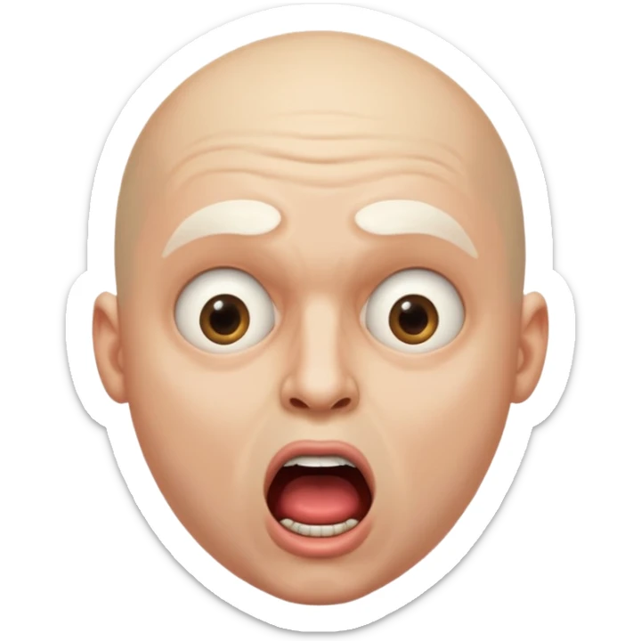 portrait of a bald man with a bleached face and heavily made-up eyes and mouth, a huge, wide-open mouth and a shocked look sticker