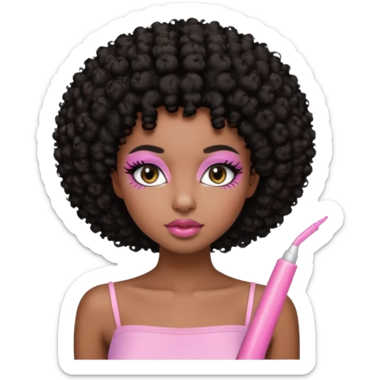 Dark brown skin girl with short black curly hair afro styled , she has pretty wispy cat eyelashes and is wearing a light pink tube top with lip gloss  sticker