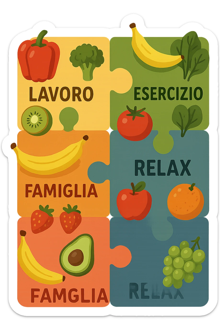 Puzzle (Lavoro, Esercizio, Famiglia, Relax), and healthy foods are integrated into each piece. in italiano sticker