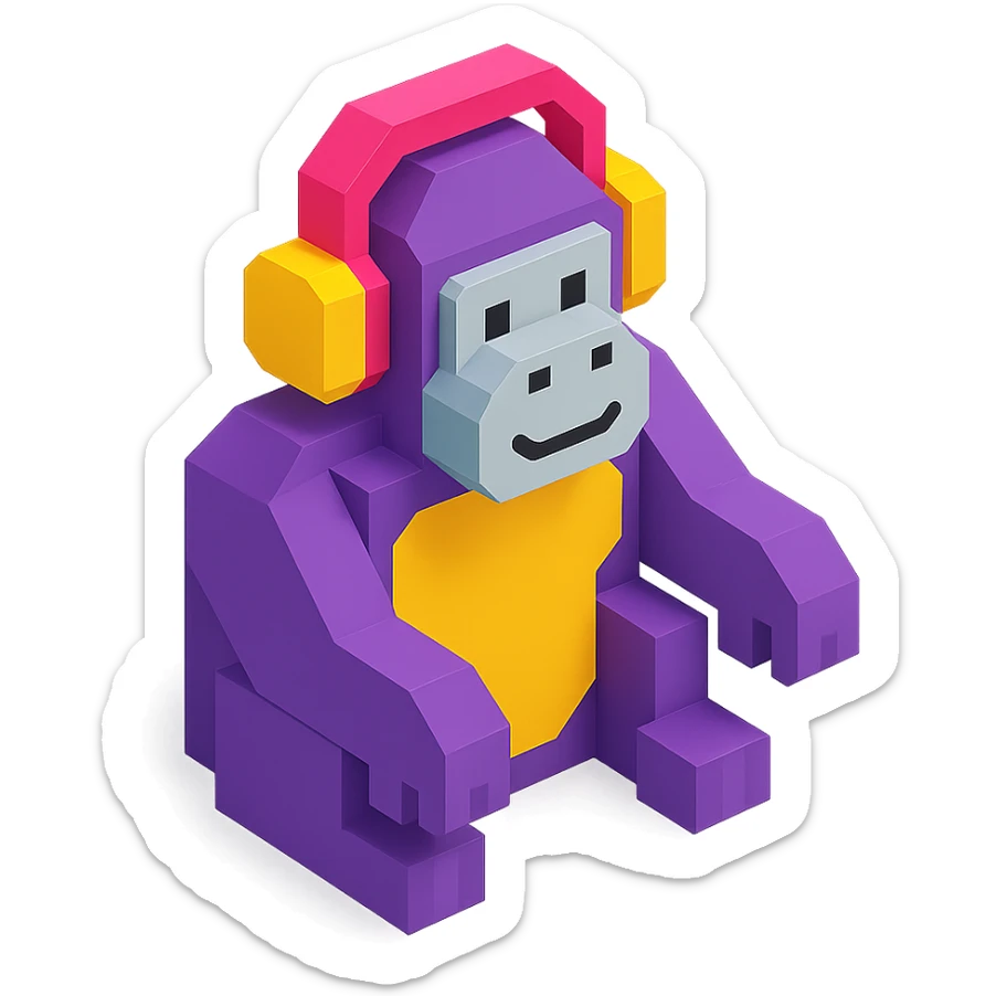 voxel style gorilla sitting and listening to music with headphones, isometric view sticker