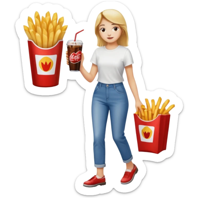 a young woman full length with cola in one hand and french fries in the other hand and a painting under her arm walking left sticker