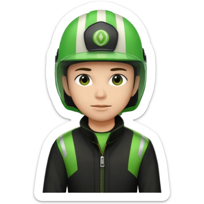 ojek online driver, using motorbike, the helmet is green. green jacket, not green motorbike (maybe a black jacket with green stripes just a little) then please make the driver not looking at "camera". the first one is good. but can you make the driver just look at the road not looking at me sticker