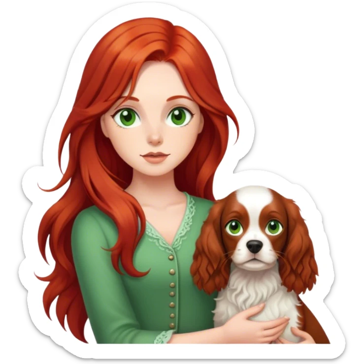 girl with long redhaed  with greens eyes on the spaniel in hand  sticker