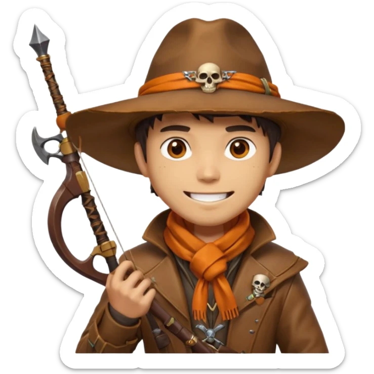 male human monster hunter emoji, wearing brown leather coat and wide hat, holding crossbow, with amulet shaped like skull, Halloween fantasy theme, confident smile, orange scarf, Apple emoji style, clean white background, square image sticker