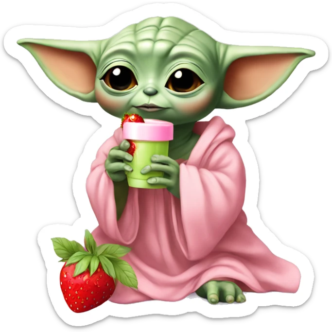 Baby yoda wearing a pink nightgown, applying skincare and drinking a strawberry matcha  sticker