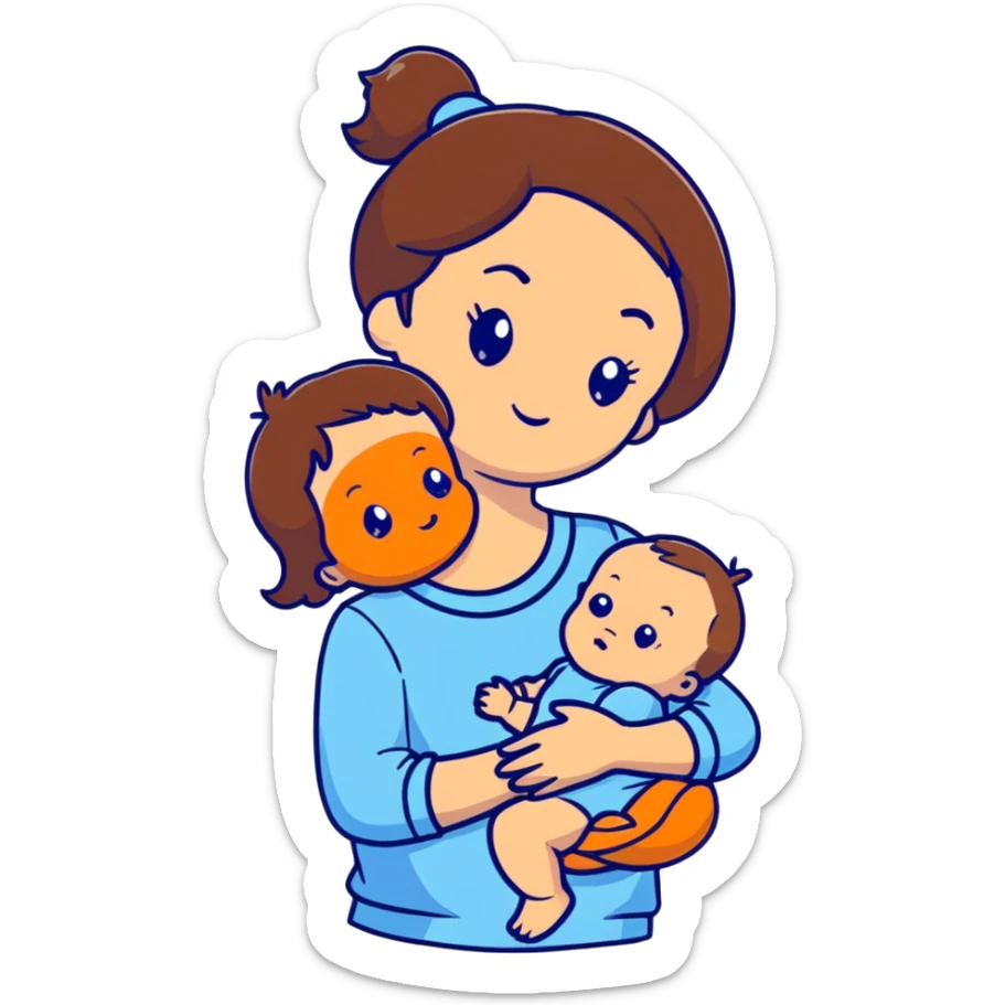 brunette girl with brown hair wearing pastel blue clothes holding a baby sticker