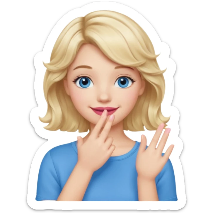 Girl Blonde short wavy hair,  blue eyes, cute blue top, long lashes, pink lips, smiling, hand covering the mouth sticker