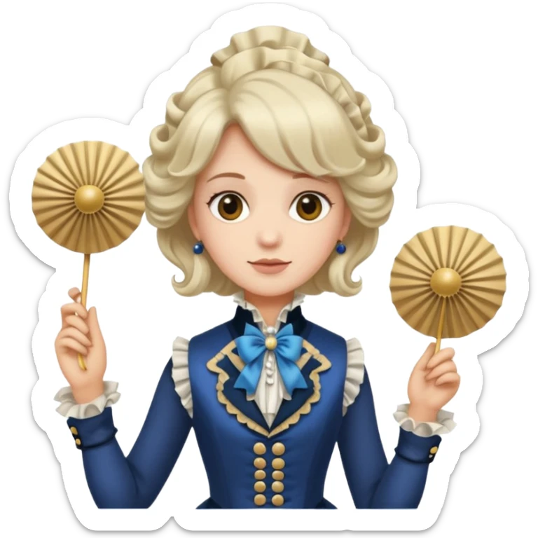 An emoji portrait of a French aristocrat. He wears a powdered wig and a silk waistcoat with a ruffled jabot. His expression is poised and refined, and he holds a fan. sticker