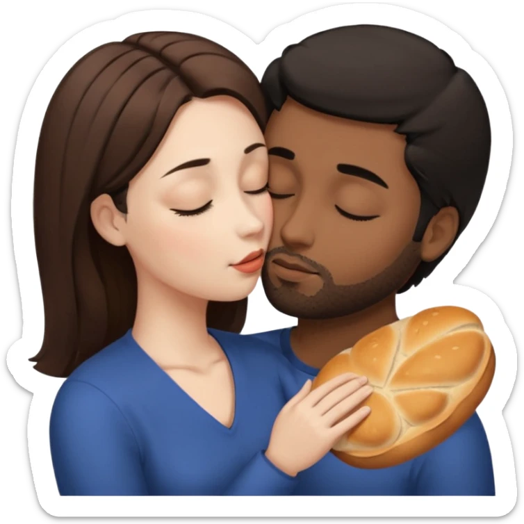 White woman with brown hair with eyes closed kissing forehead of brown man with black hair and a bread with eyes also closed sticker