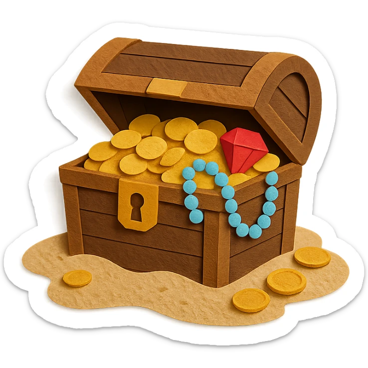 illustration of a treasure chest overflowing with gold coins and jewels on a sandy beach in paper-craft style sticker