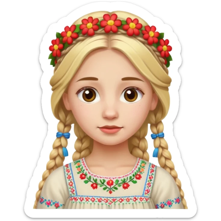 Slavic girl with a long blonde braid, wearing a traditional embroidered dress and a colorful flower crown, apple style emoji sticker