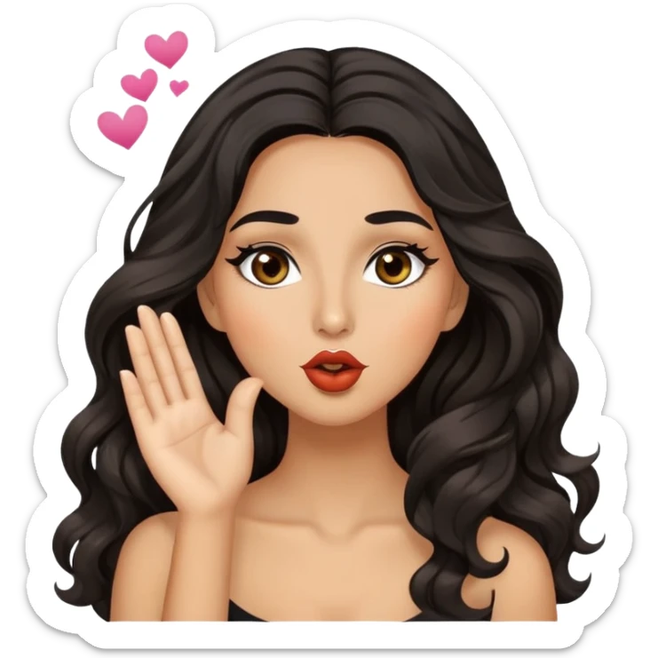 woman with olive skin, brown eyes and long lashes, and long black wavy hair blowing a kiss sticker
