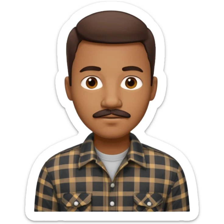 Black man with short brown hair, mustache, wearing a plaid shirt, sophisticated style, software engineer sticker