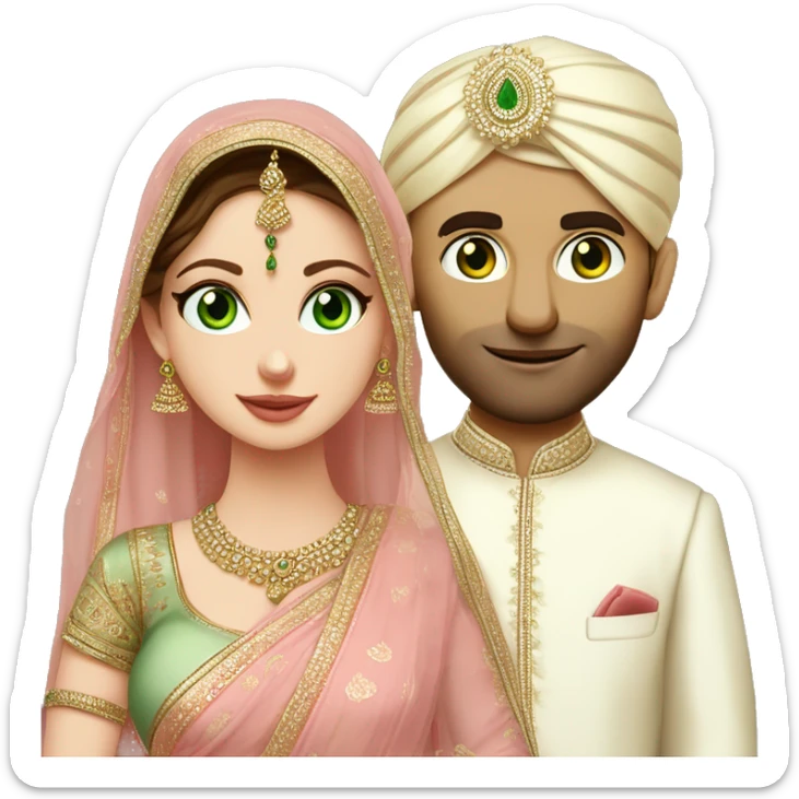 green eyed pale skin bride in a light pink saree without veil with tall indian groom in kurta without turban sticker