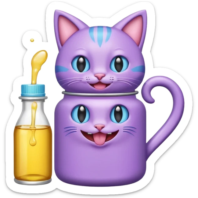 Smiling bottle of oil light purple top and light blue sticking tongue out and with cat ears sticker