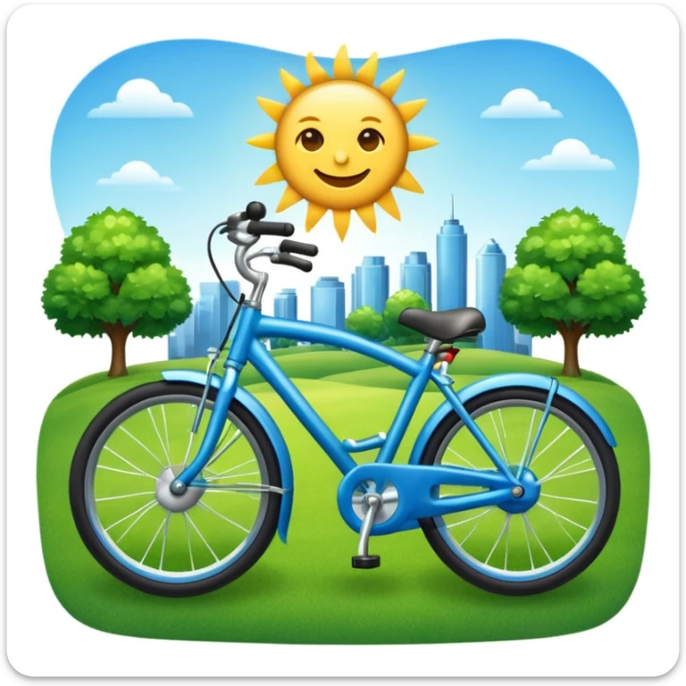 emoji of a blue bike with a park background with green grass and sun, lively and inviting sticker