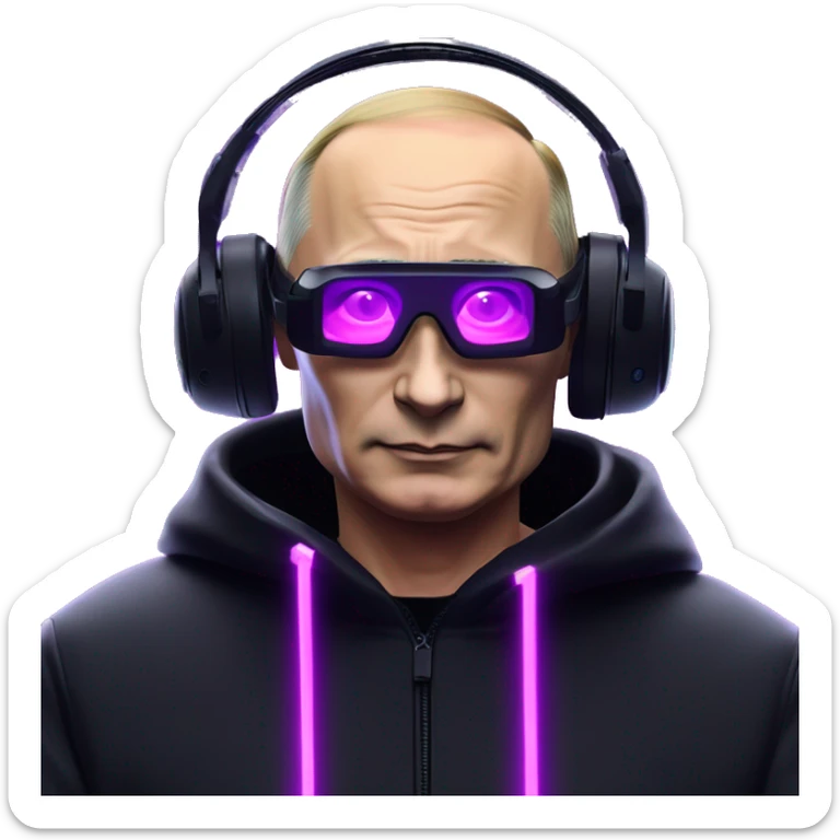 Vladimir Putin wearing a black hoodie with "OMG" letters on it and VR headset oculus quest 2 in a cyberpunk VR environment with violet neon lighting. sticker
