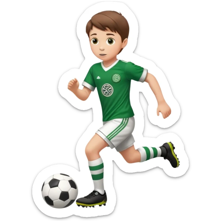 Celtic footballer jersey logo  6 years old brown hair white boy , stripes uniform , RUNNING  with soccer ball # 17 celtic football logo PUT ONLY ONE LOGO sticker