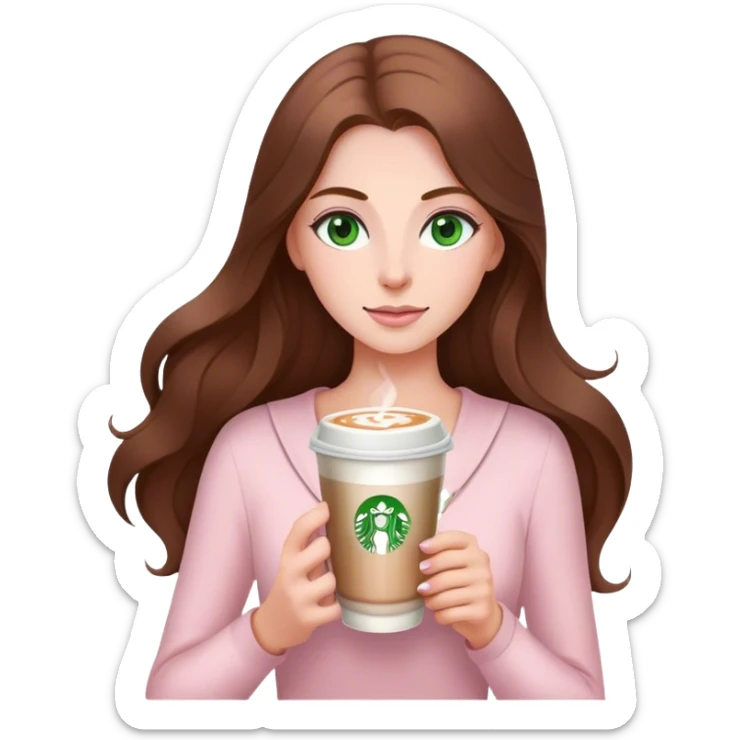 pretty woman with very long brown hair and green eyes and light pink outfit with a latte sticker