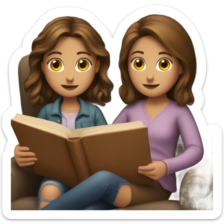 Two girls with brown hair sitting in cozy chair reading books together  sticker