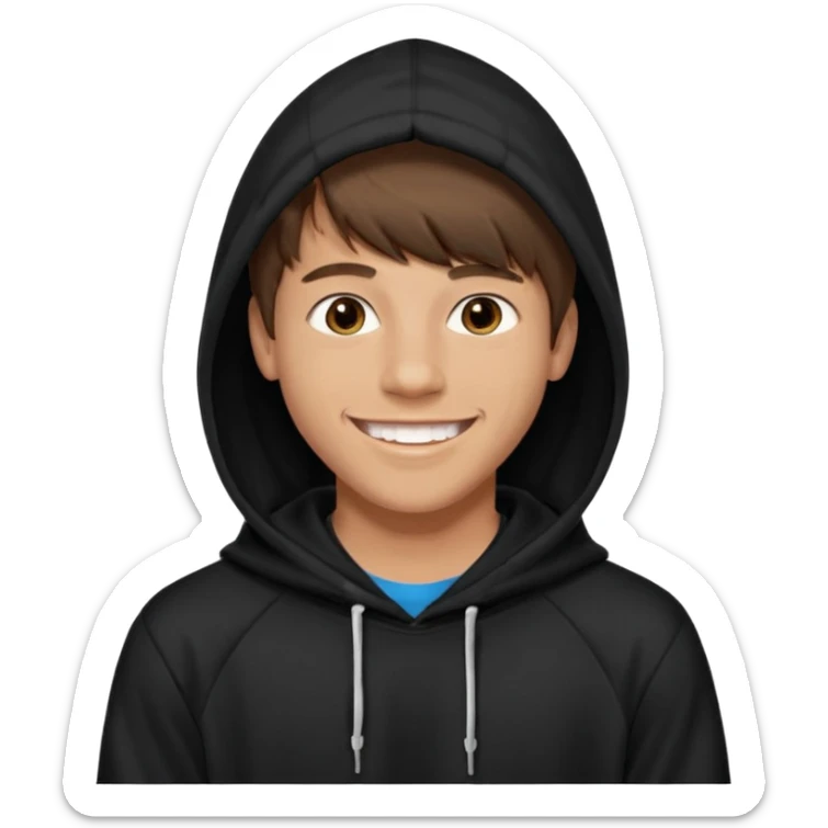 20 yr old man, brown hair, straight, big smile, white teeth, tanned skin, bangs, black hooded sweatshirt, long hair in back, center-parted bangs sticker