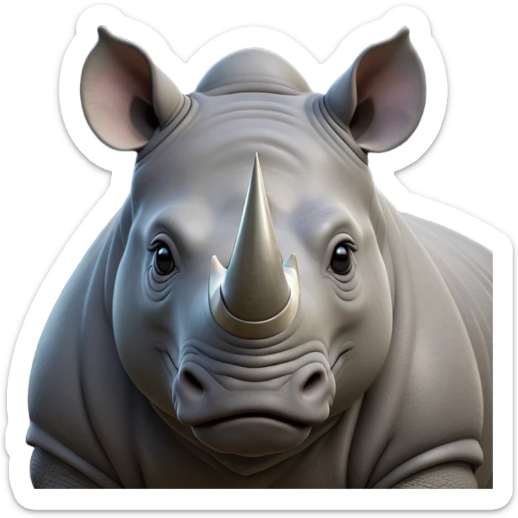 cinematic-noble--rhinoceros-portrait-emoji,slate-grey-hide--poised-and-regal,-with-a-massive,-powerful-build-and-a-thick, -deep-set-soulful-piercing-eyes,-simplified-yet-sharp-and-sophisticated-features,-highly-detailed,-large-black-eyes, zoomed out showing shoulders, large white horn  sticker