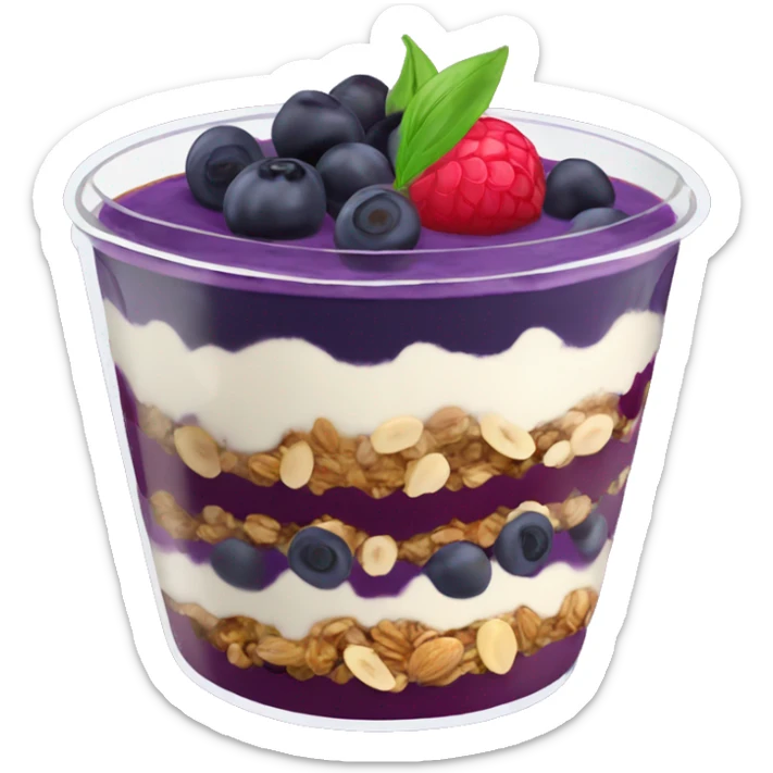Açaí in a clear cup with layers of fruits and granola and condensed milk sticker