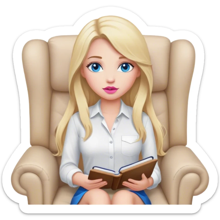 Cinematic realistic blonde with long hair, blue eyes and pink lips, sitting in a beige armchair with a notebook and pen in her handsshirt, sits in a beige armchair with a notebook and pen in her hands sticker