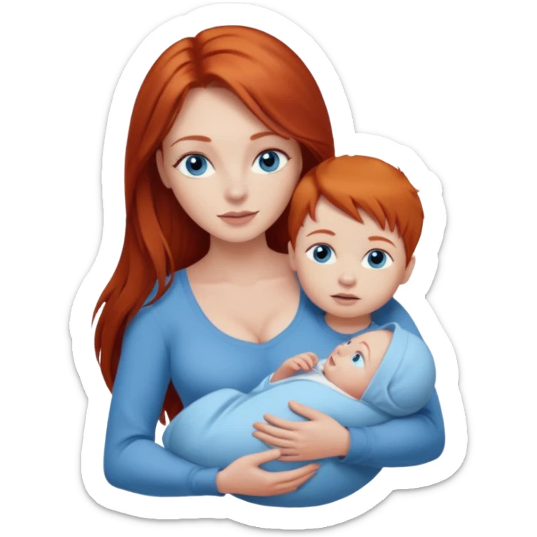 A red head with long straight hair, she has blue eyes with big boobs and a baby boy with blue eyes sticker
