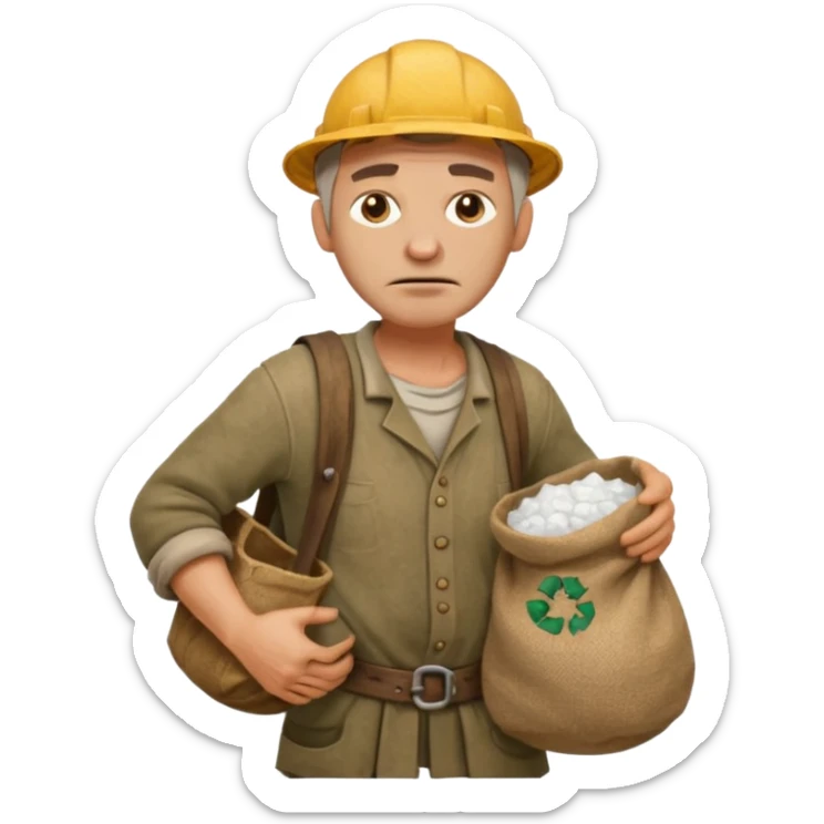 Emoji portrait of a Celtic salt worker. Dirty clothes, weary expression, carrying a sack on his shoulder. sticker