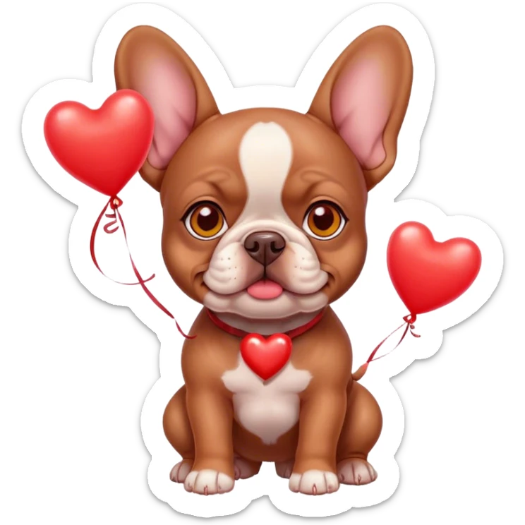 Red brown  French bulldog puppy with yellow eyes carrying red heart balloons  sticker
