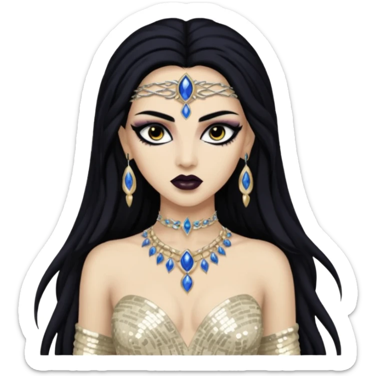 Akasha from Queen of the Damned with long black hair, ivory sequin outfit sticker