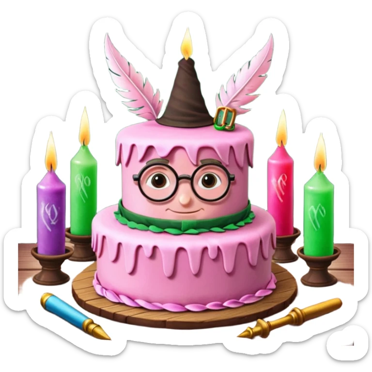 Harry Potter themed pink birthday cake with green 'Happy Birthday Harry' icing, surrounded by wizard books, candles, potion bottles, feathers, and glasses on wooden table, magical atmosphere." sticker