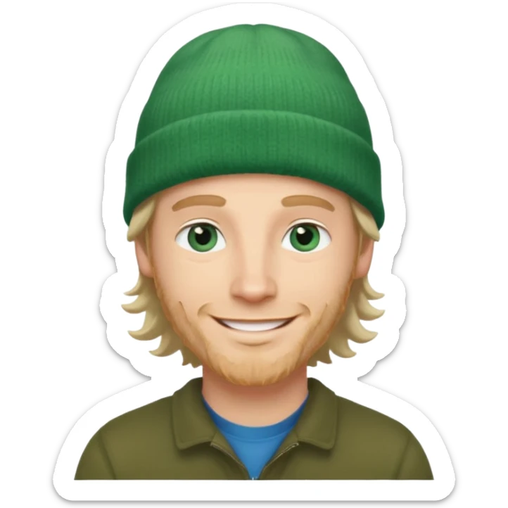 white man, mid thirties, blue eyes, mid length wavy hair, green beanie hat sticker