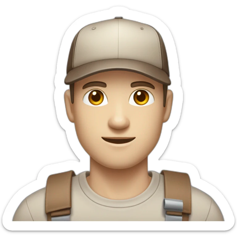 Pale skinned fit Man with dark brown hair in a beige cap, gray jeans and brown polo T-shirt keeping a pasted with tape white box into his hands sticker
