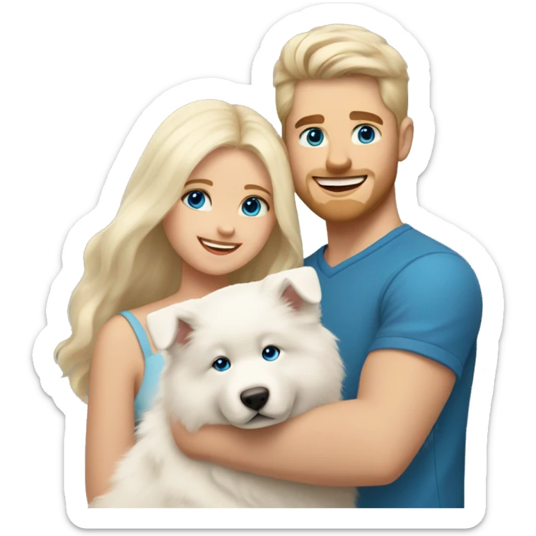 a blonde girl with long hair and blue eyes together with a blonde guy with brown eyes are holding a Samoyed puppy in their arms sticker